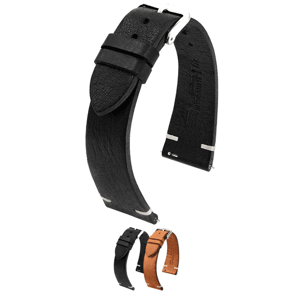 Hirsch Bagnore Retro-Style Leather Watch Strap - Black - L - 19mm - Shiny Silver Buckle - Retro-Styled Calf Leather Band