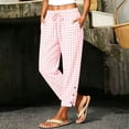 thumbnail image 2 of Women Summer Gingham Plaid Elastic Drawstring Waist Jogger Pants, Snap Button Loose Ankle Cropped Trousers with Side Pockets Beach Vacation Loungewear Casual Bottoms Pink S(S), 2 of 8