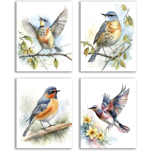 Watercolor Bird Wall Art, Abstract Plants Flowers Birds Nature Canvas Prints for Bedroom Living Room Garden Pet Room Decor, Set of 4, 8x10 inches Unframed
