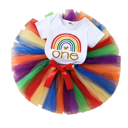 

Izhansean Newborn Baby Girls 1st Birthday Dress Rainbow Short Sleeve One Romper Top Tutu Skirts 2Pcs Outfits Colorful 18-24 Months