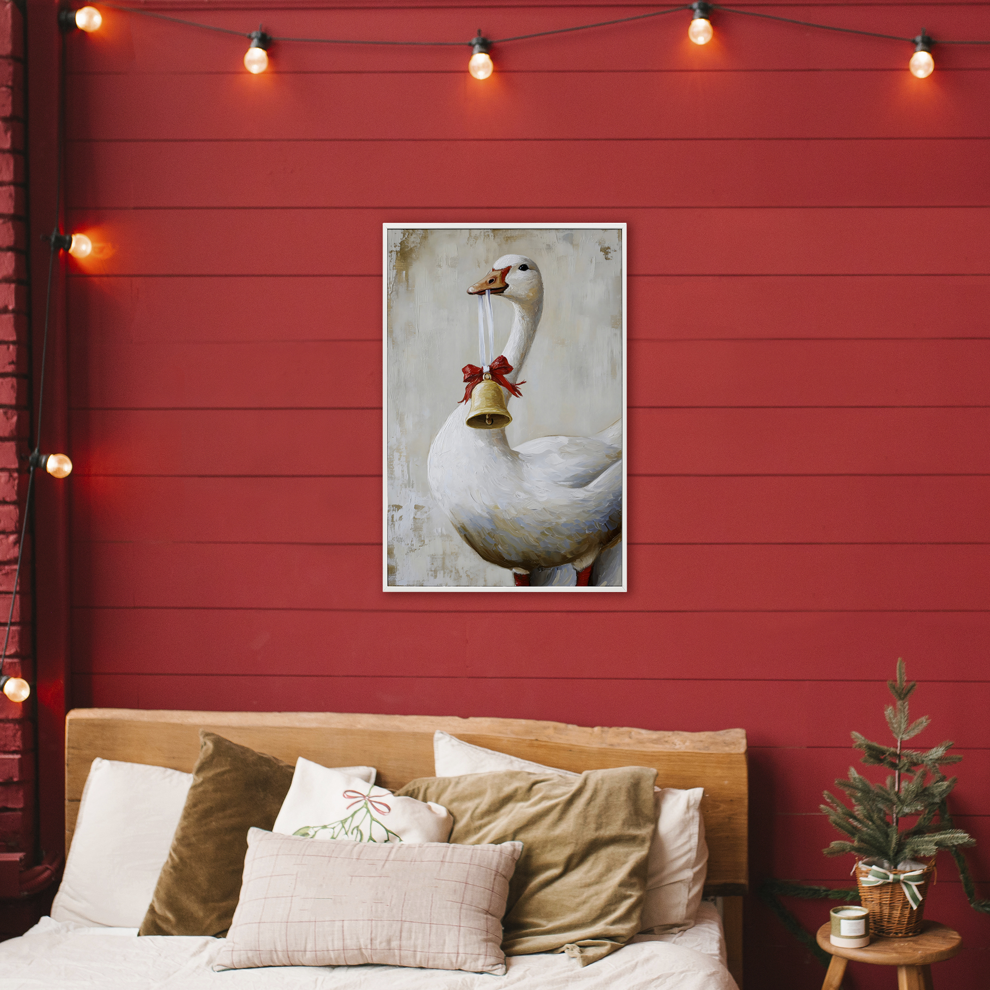 Festive Jingle Goose White Framed Giclee Art, design by Petal Prints Design