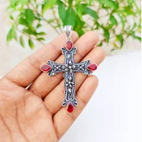 Garnet Cross Pendant 925 Sterling Silver Handmade Gemstone Jewelry 2.83"
