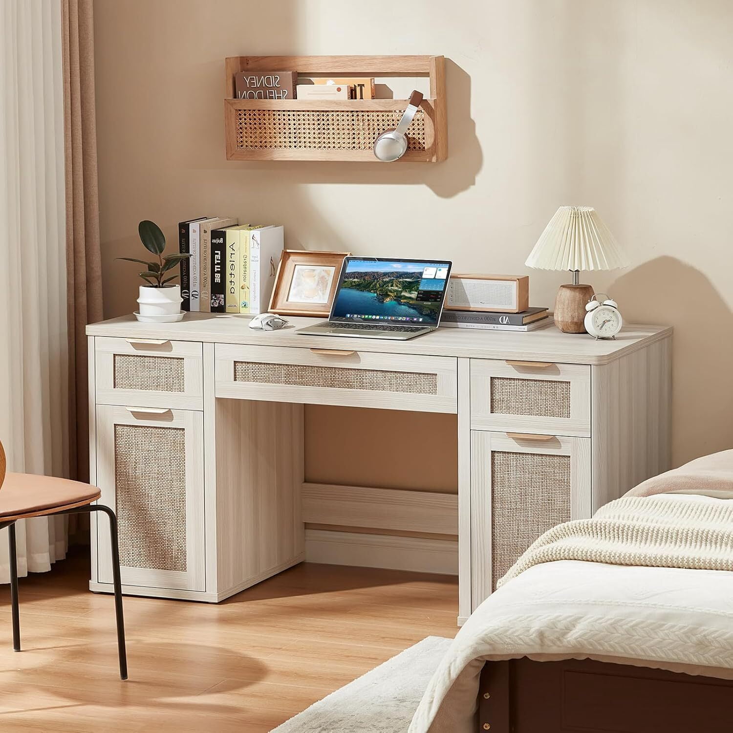56" Home Office Desk with 3 Drawers & 2 Cabinet, Modern Computer Desk with Small Space, Corner Computer Desk, Grey White
