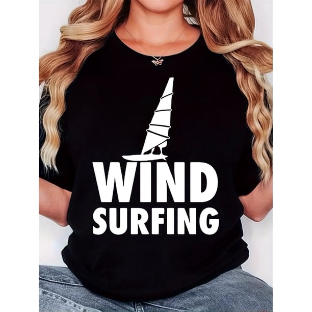 Women'S T-Shirt, "WIND SURFING Small Boat White" Print, Retro Minimalist Fashion, Round Neck, Casual Comfort, Sports Short Sleeve T-Shirt