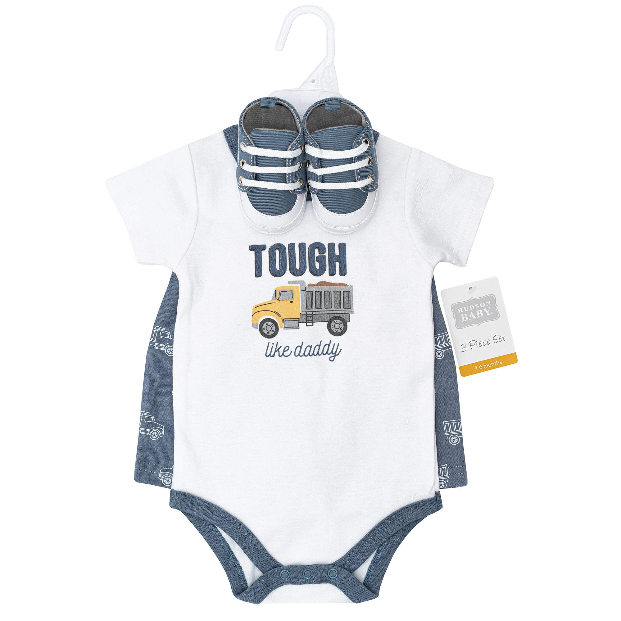 Hudson Baby Boy Cotton Bodysuit, Shorts and Shoe Set, Blue Construction Truck, 6-9 Months