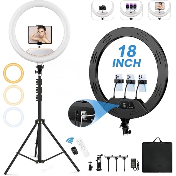 18” Foldable LED Ring Light with Stand for iPhone & iPad, Dimmable 2700-6500K with LED Display, 2 USB Ports & 4 Phone/Tablet Holders – Perfect for Makeup, Tattoo, Barber, Studio & Video Recording