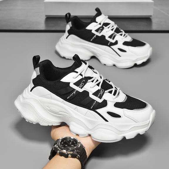 Men's Black & White Chunky Streetwear Sneakers, Breathable Mesh Casual Shoes with Geometric Detailing