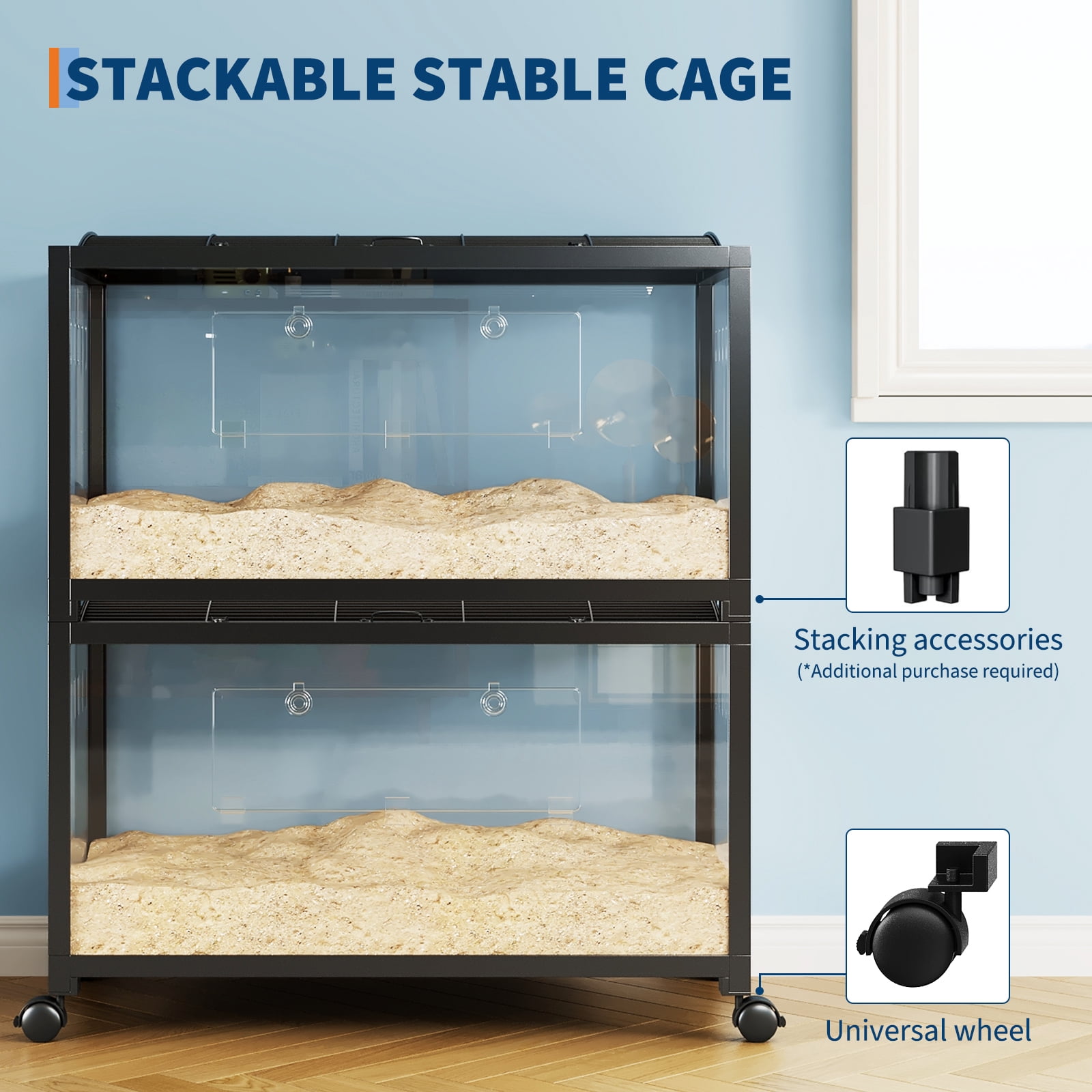 EastVita Hedgehog Enclosure with Acrylic Sides,Metal Guinea Pig Cages,Universal Wheels+Chew-Proof Dual Door Stackable Cages for Guinea Pigs,Gerbil,Dwarf Syrian Hamster Black