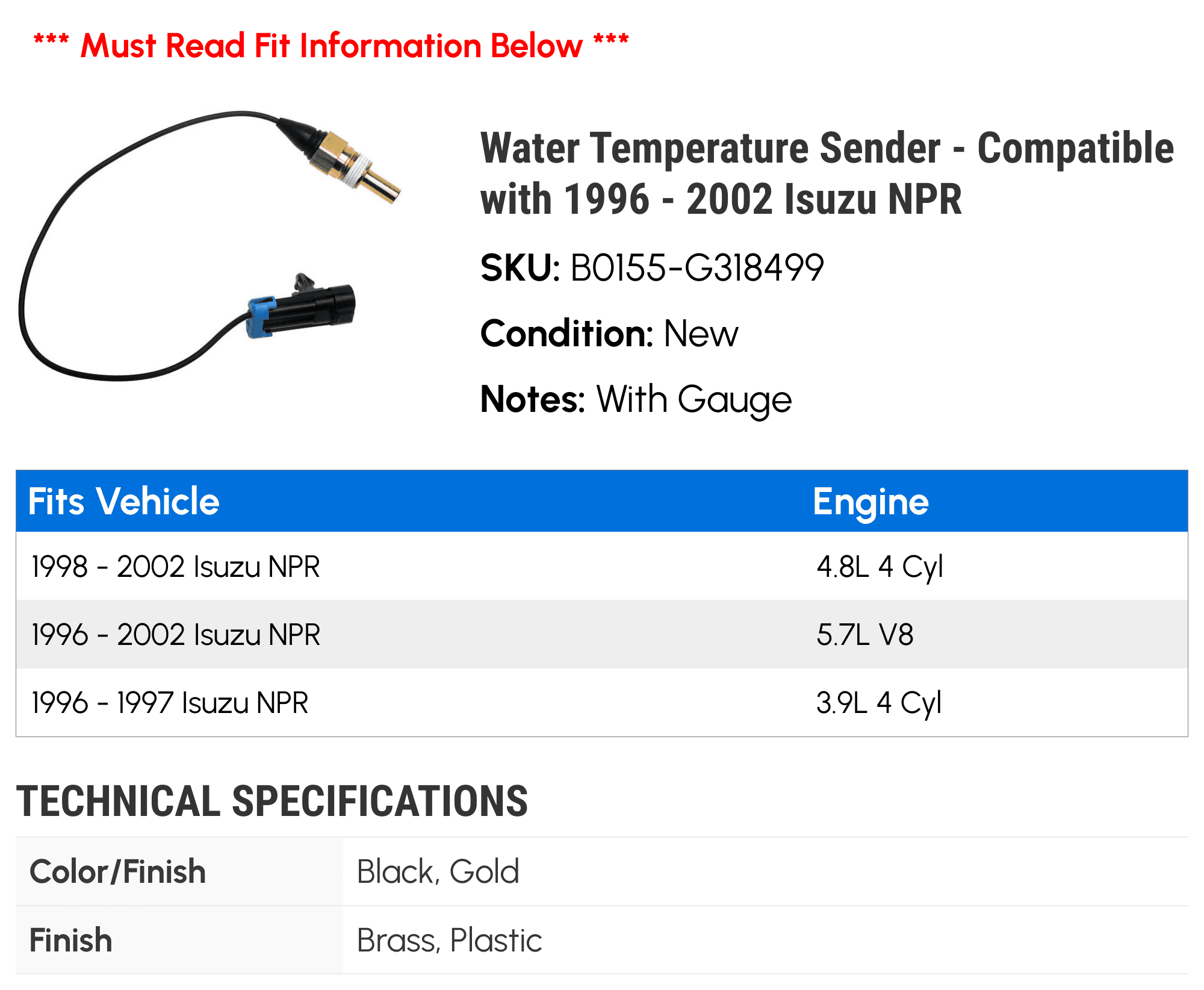Water Temperature Sender - Compatible with 1996 - 2002 Isuzu NPR 1997 1998 1999 2000 2001