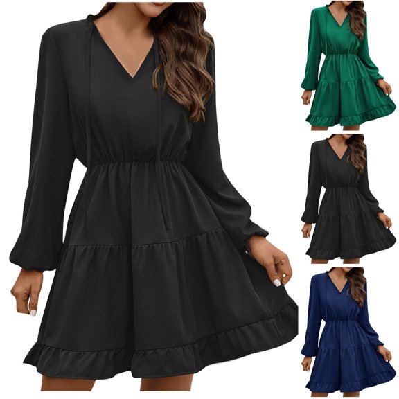 USSUMA Womens Summer Dresses Women'S Casual Dresses Long Sleeve V Neck Casual Solid Color Tie Maxi Dress Lounging Dresses Lightweight Skirt Office Clearance Sale Black Dress Size-L