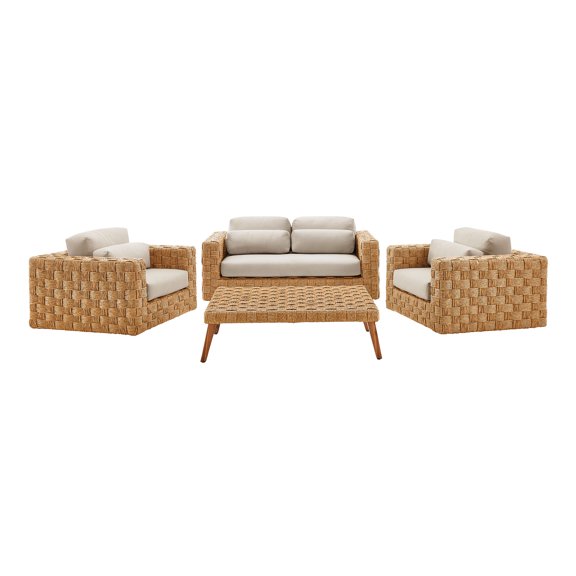 4 pcs Lounge Sectional Sofa Table Set, Gray, Wicker Rattan, Outdoor Patio Balcony Cafe Bistro Garden Hospitality Restaurant, Modern Contemporary, HB37682