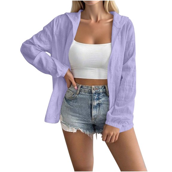 RYRJJ Women's Zip Up Hooded Jacket Long Sleeve Textured Lightweight Sweatshirts Jackets Fall Fashion Casual Outerwear(Purple,M)