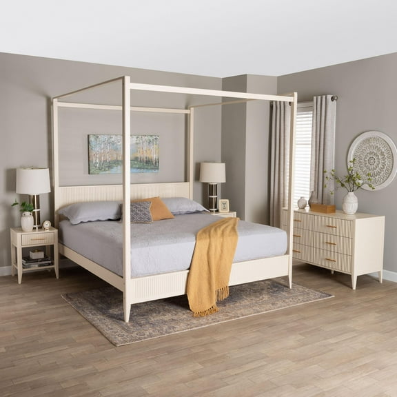 Baxton Studio Primrose Mid-Century Bedroom Set, King, Ivory
