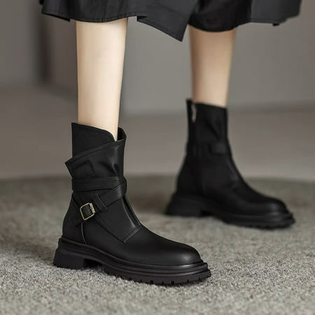 

Aueoeo Platform Boots Womens Ankle Boots Low Heel Wedge Platform Boots Retro Leather Booties Western Boots Flat Shoes
