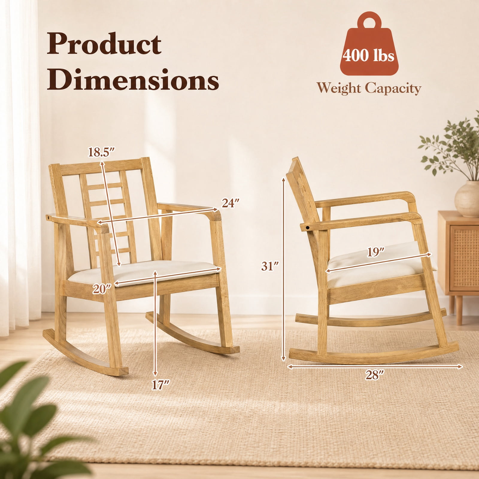 Biotree Wooden Rocking Chair with Upholstered Seat and Ladder Back for Living Room, Natural