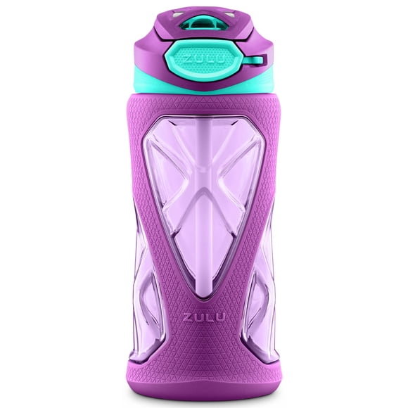 ZULU Torque Kids Botella de agua de plástico Tritan con funda de silicona y tapa de bloqueo a prueba de fugas, sin BPA, apta para lavaplatos, morado, 16 onzas