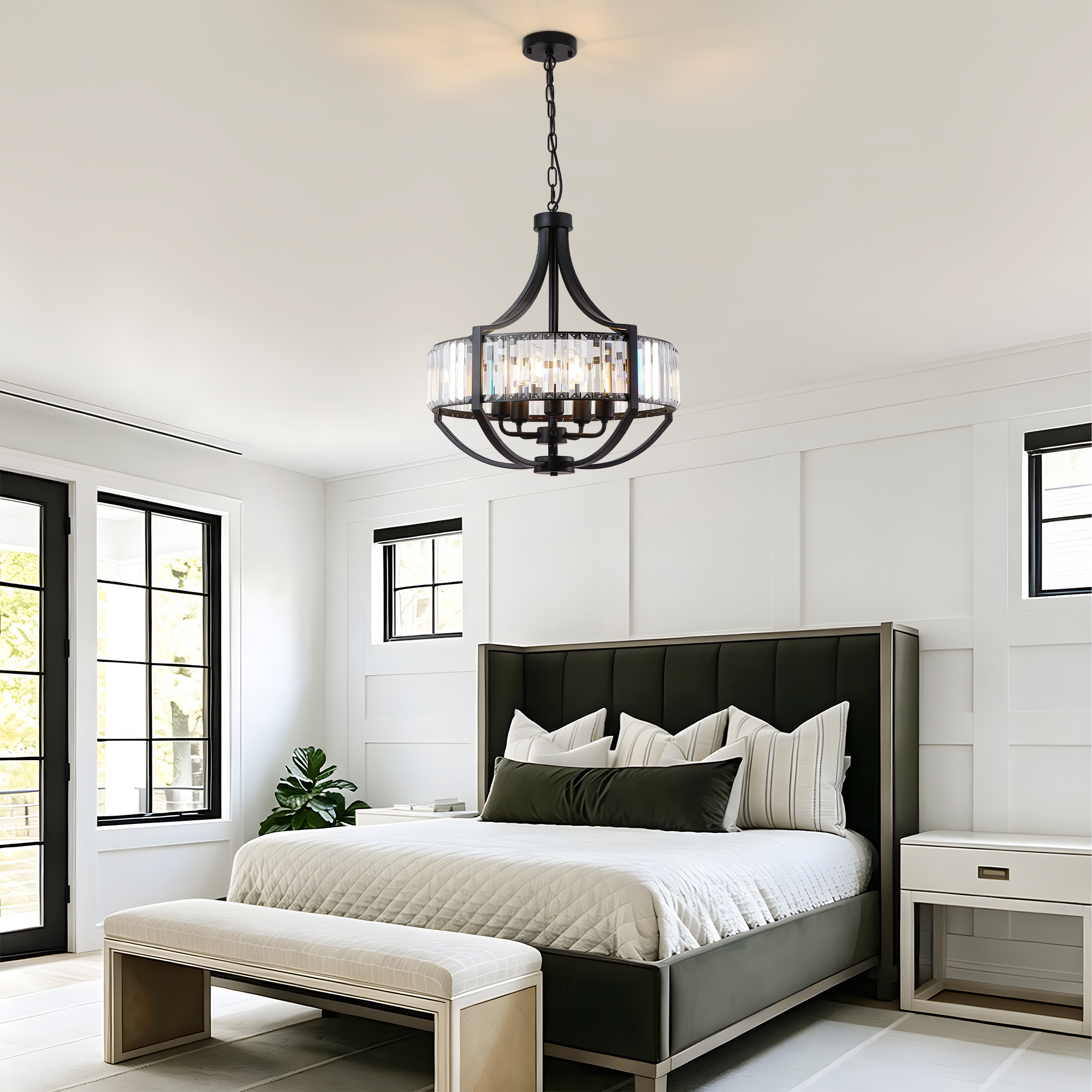 Leumius Modern Farmhouse Crystal Chandeliers, 5-Light Black Antique Pendant Chandelier, Contemporary Hanging Light Fixture for Living Room Bedroom Foyer Kitchen Island Entryway