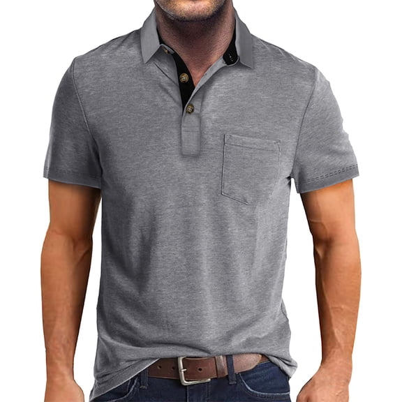 Krdevn Mens Shirts - Male Summer and Spring Solid Color Lapel Short Sleeve Button Neck Striped Oversized T Shirt Top,Mens Fall Shirts,Color:Grey,Size:XL