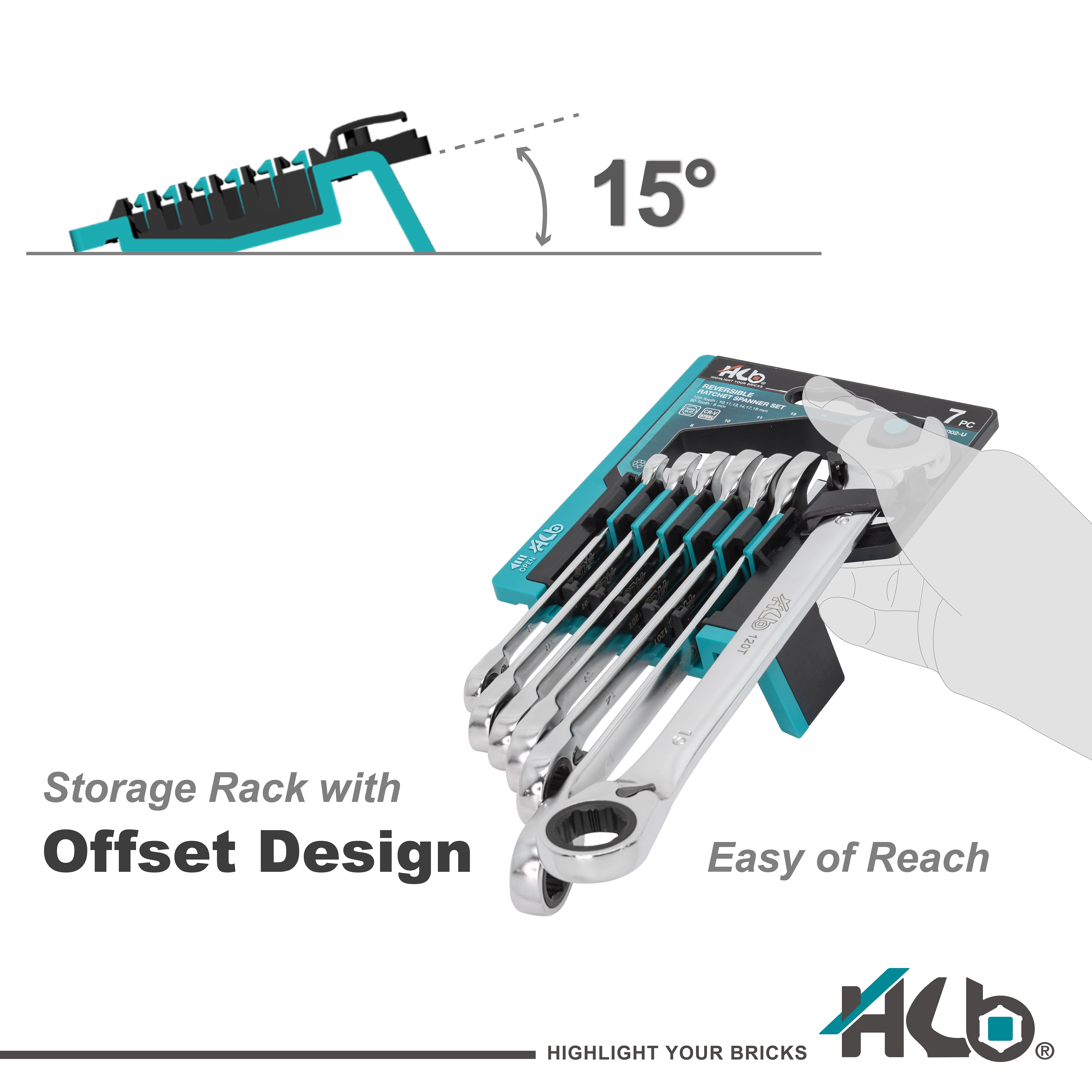 HB 7-Piece Ratchet Wrench Set WGM002-U | 90T & 120T Non-Slip Reversible Metric Wrenches 8–19mm | Patented Grip Plus Rounded Bolt Remover | Chrome Vanadium Steel Storage Rack Made in Taiwan