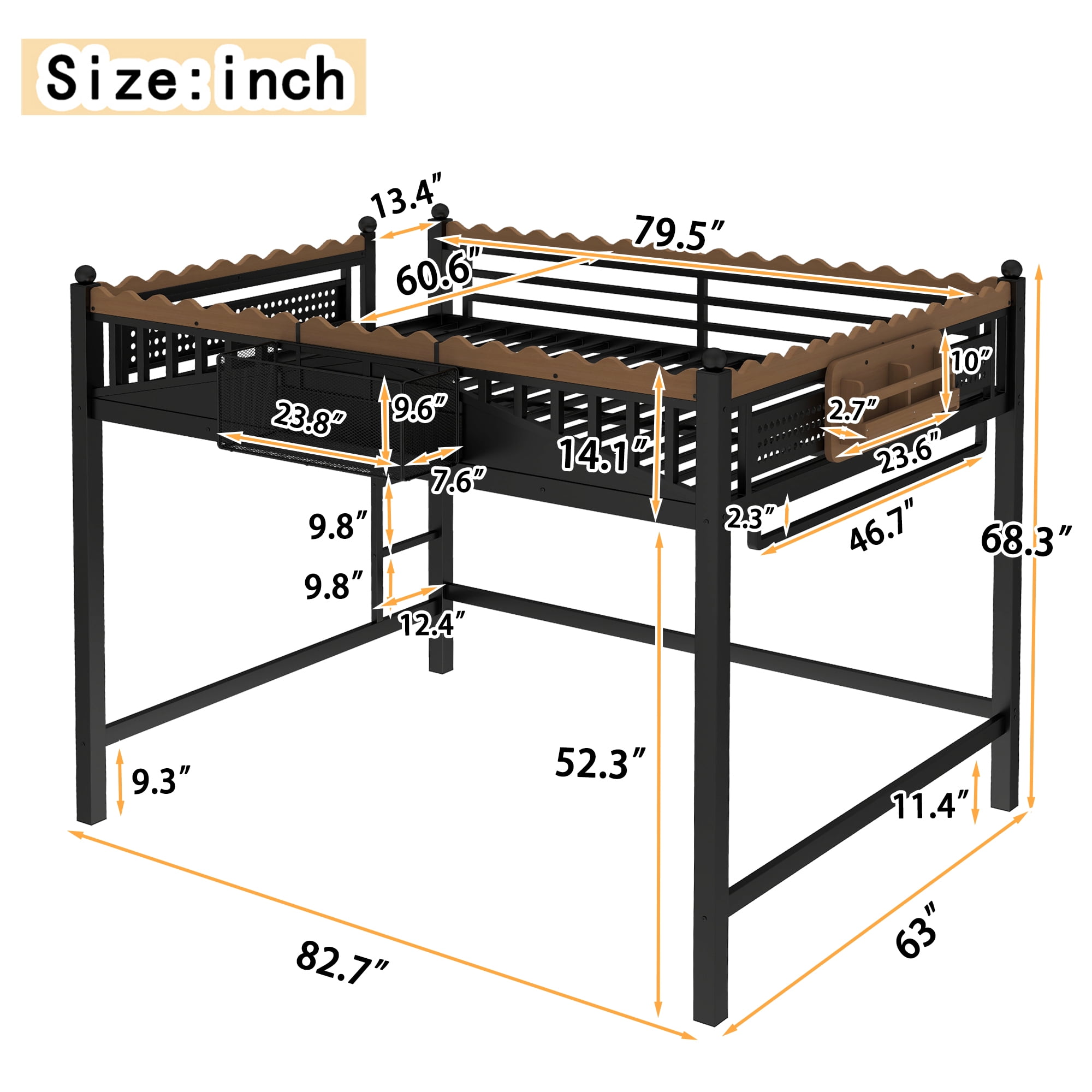 Leumius Queen Size Loft Bed,Metal Loft Bed with Storage Baskets and Bookshelf,High Loft Bed with Large Under-Bed Space,No Box Spring Needed,Black
