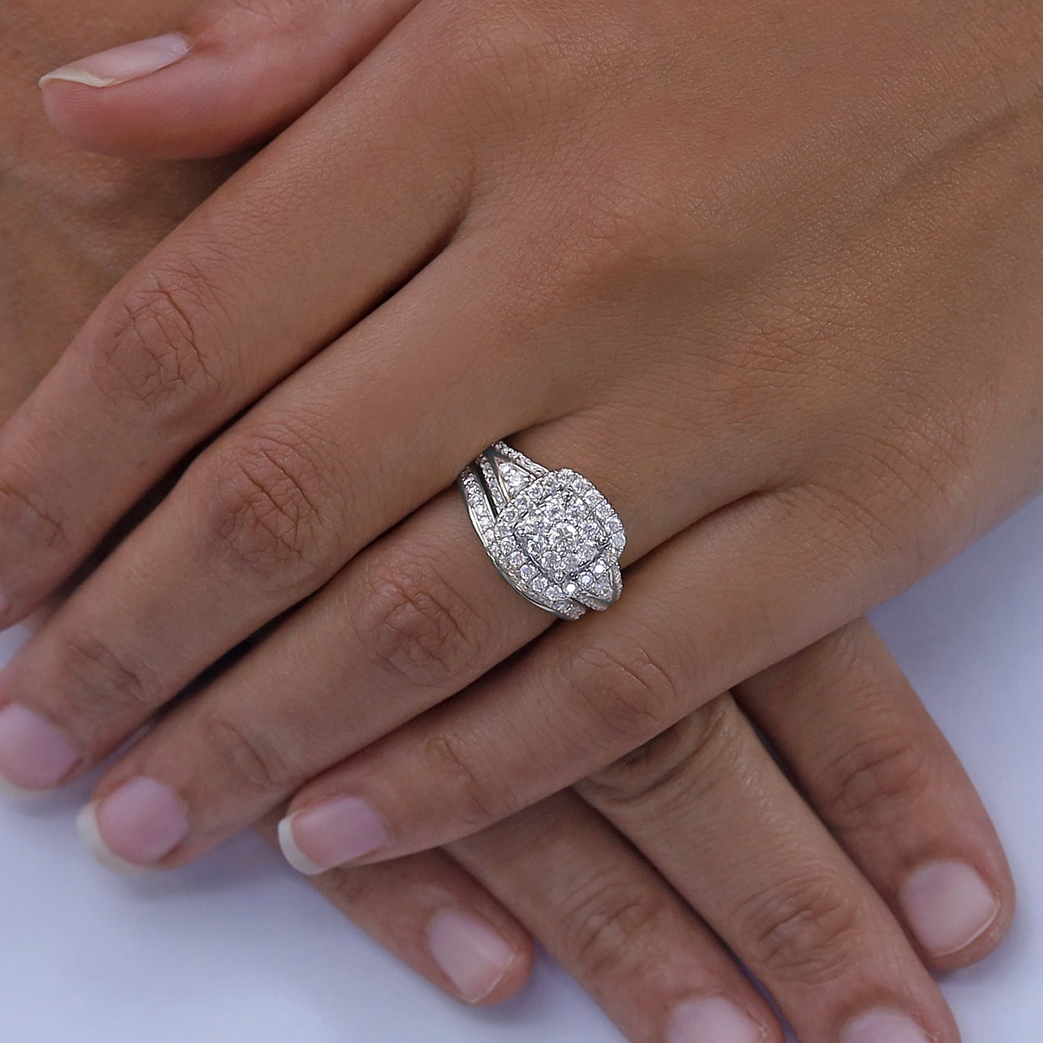 AFFY 1.25 Carat Round Moissanite Diamond Halo Bridal Set Wedding Ring 14k White Gold over Silver-7