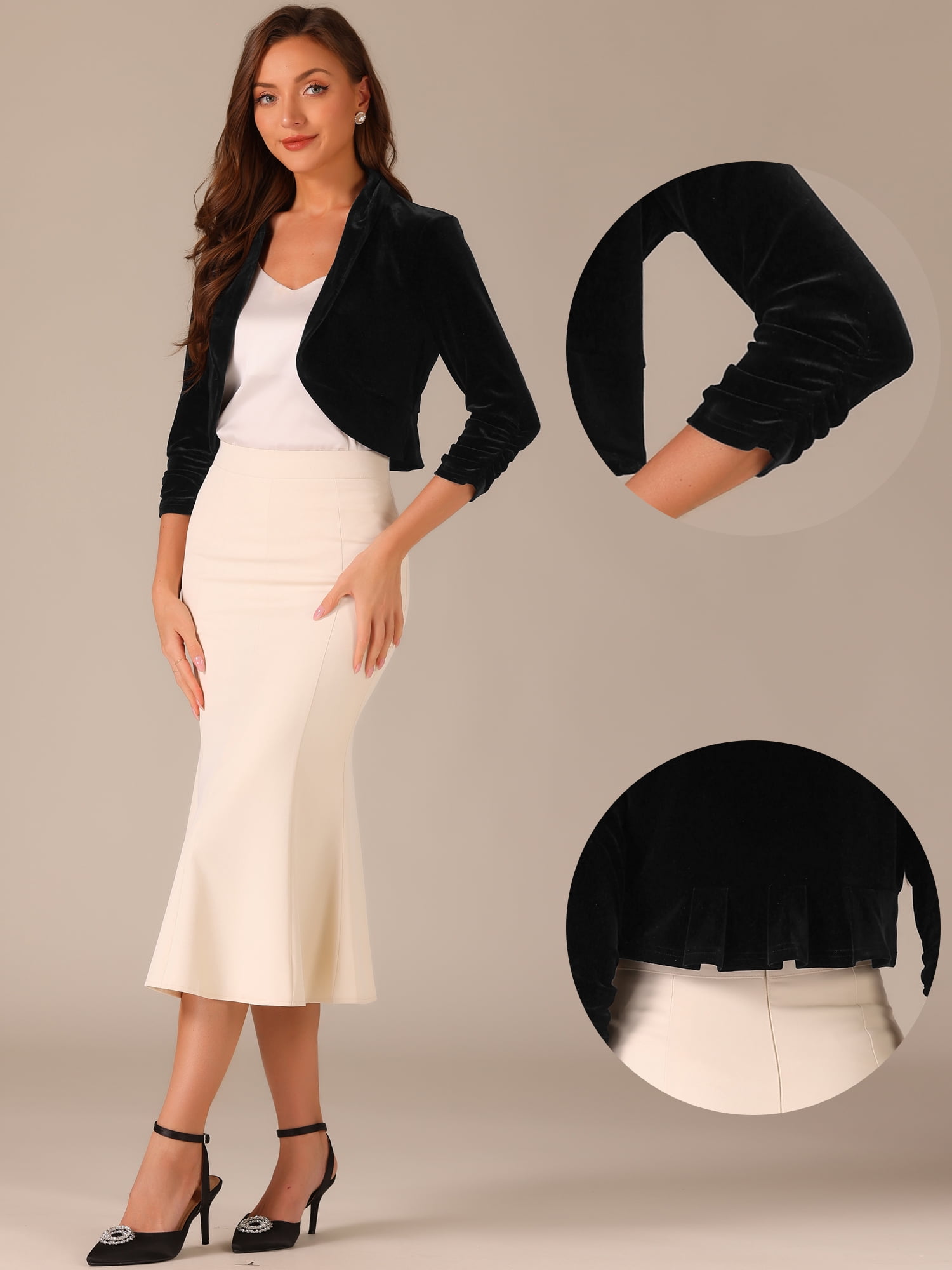 DARING DIVA Women's 3/4 Sleeve Velvet Shrug Open Front Bolero Cropped Cardigan Top L Black