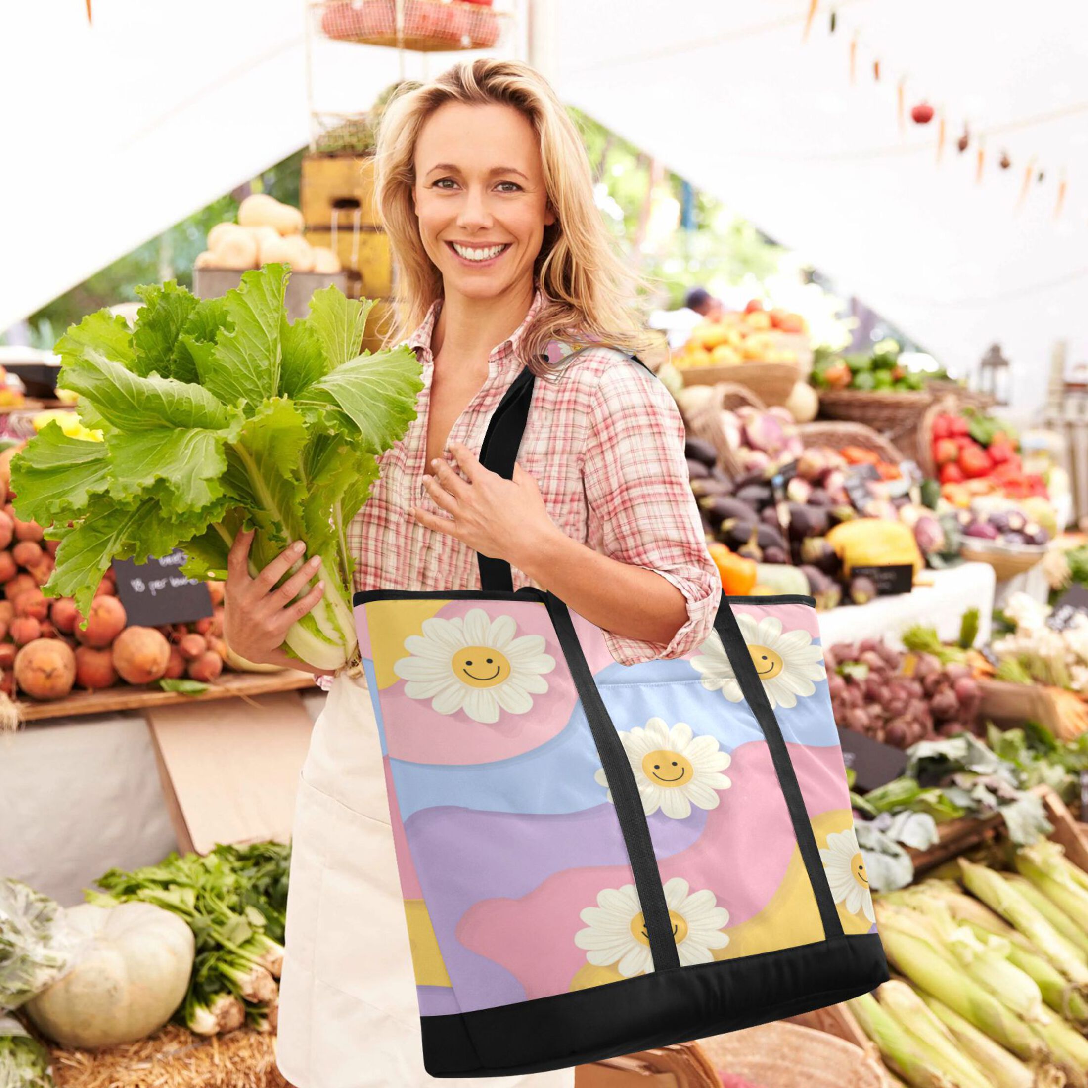 Extra-Large Wide Opening Design Capacity Hand-Held Ice Pack Thickened Insulation Layer For Long-Lasting Cold Retention For Outdoor Shopping Picnics And Camping Cute Adorable Smiling Daisies