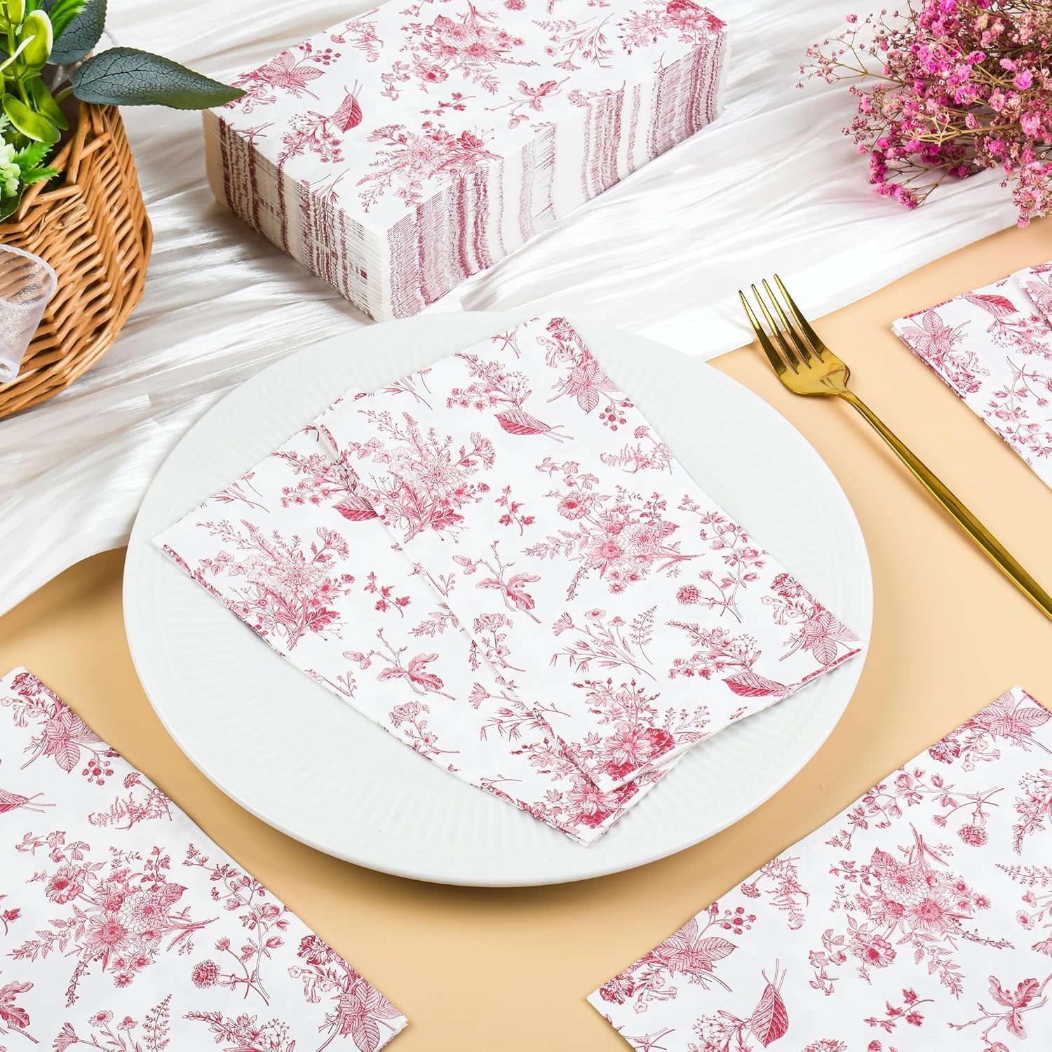 100 Floral Guest Napkins Red White Toile Disposable Paper Napkins Flower Bathroom Hand Towels for Tea Party Christmas Bridal Baby Shower Party Supplies (Red)