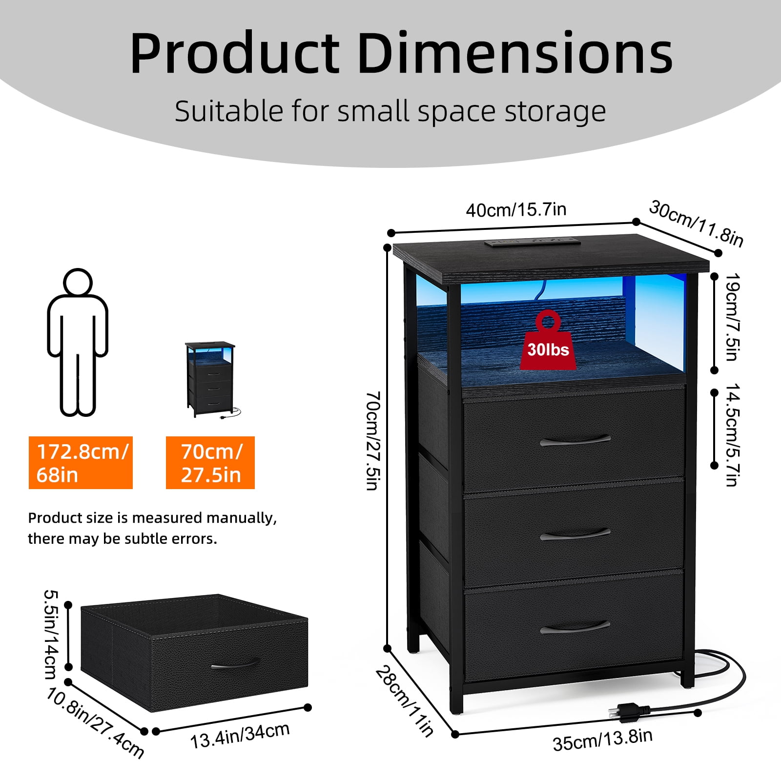 Fairy Night Stand with Charging Station, Bed Side Table, Nightstand with 3 Fabric Storage Drawers, Black