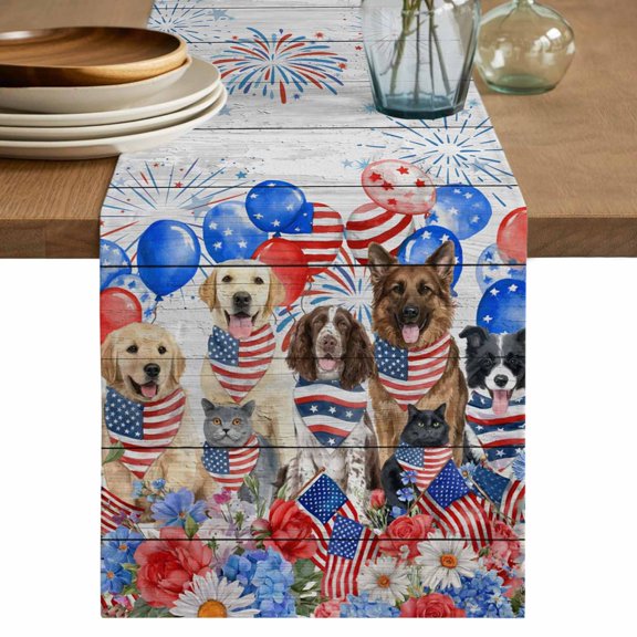 Independence Day Table Runner 72 Inches, Funny Dogs Red Blue Balloons Gray Wood Bed Runner Dresser Scarves Tabletop for Indoor Outdoor Parties/Ceremony/Banquet, 16" x 72"