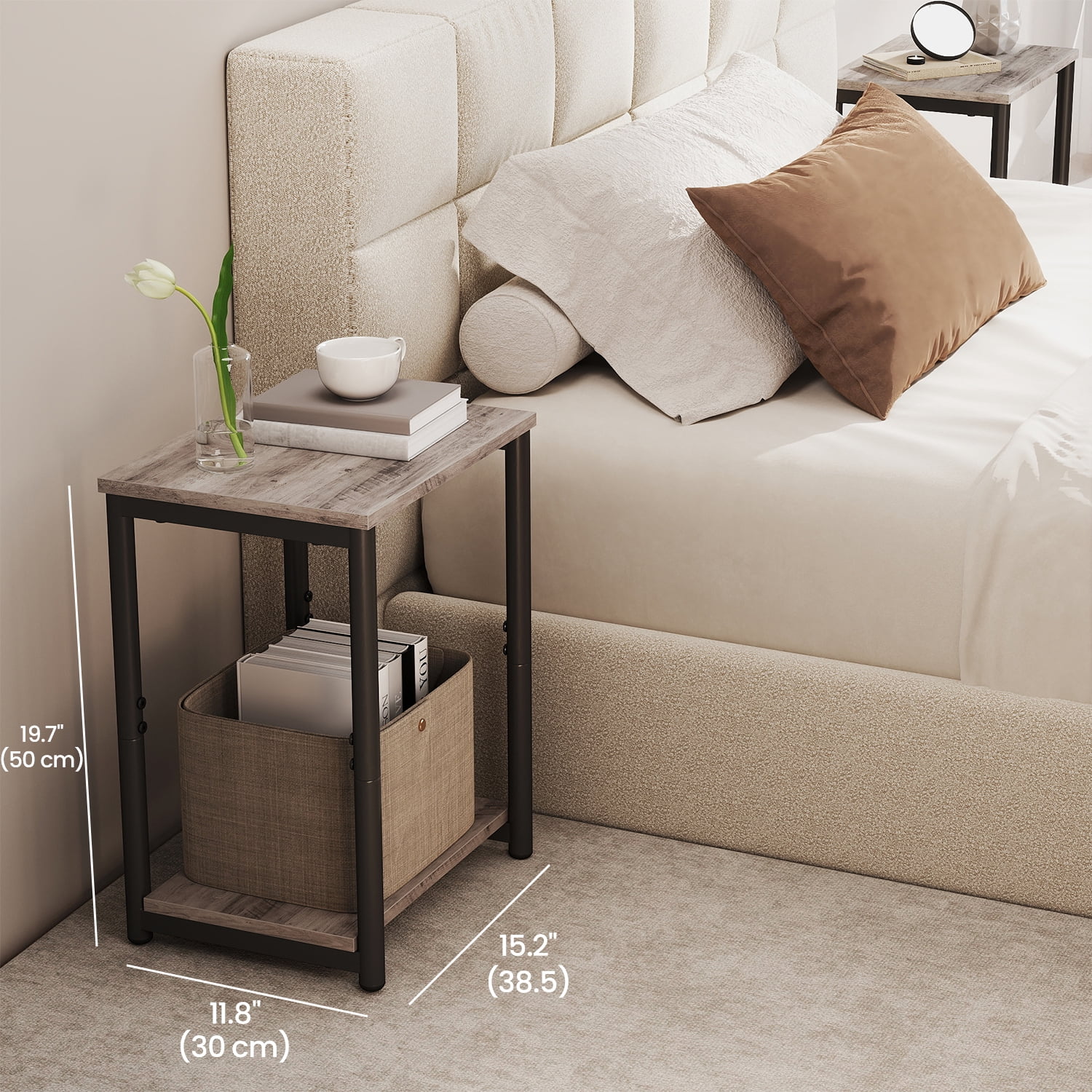 LEDREM Industrial 2-Pack Accent End Tables, Sturdy Steel Frame & Particleboard, Easy assembly, Adjustable Feet Slim Side Table, Greige and Black