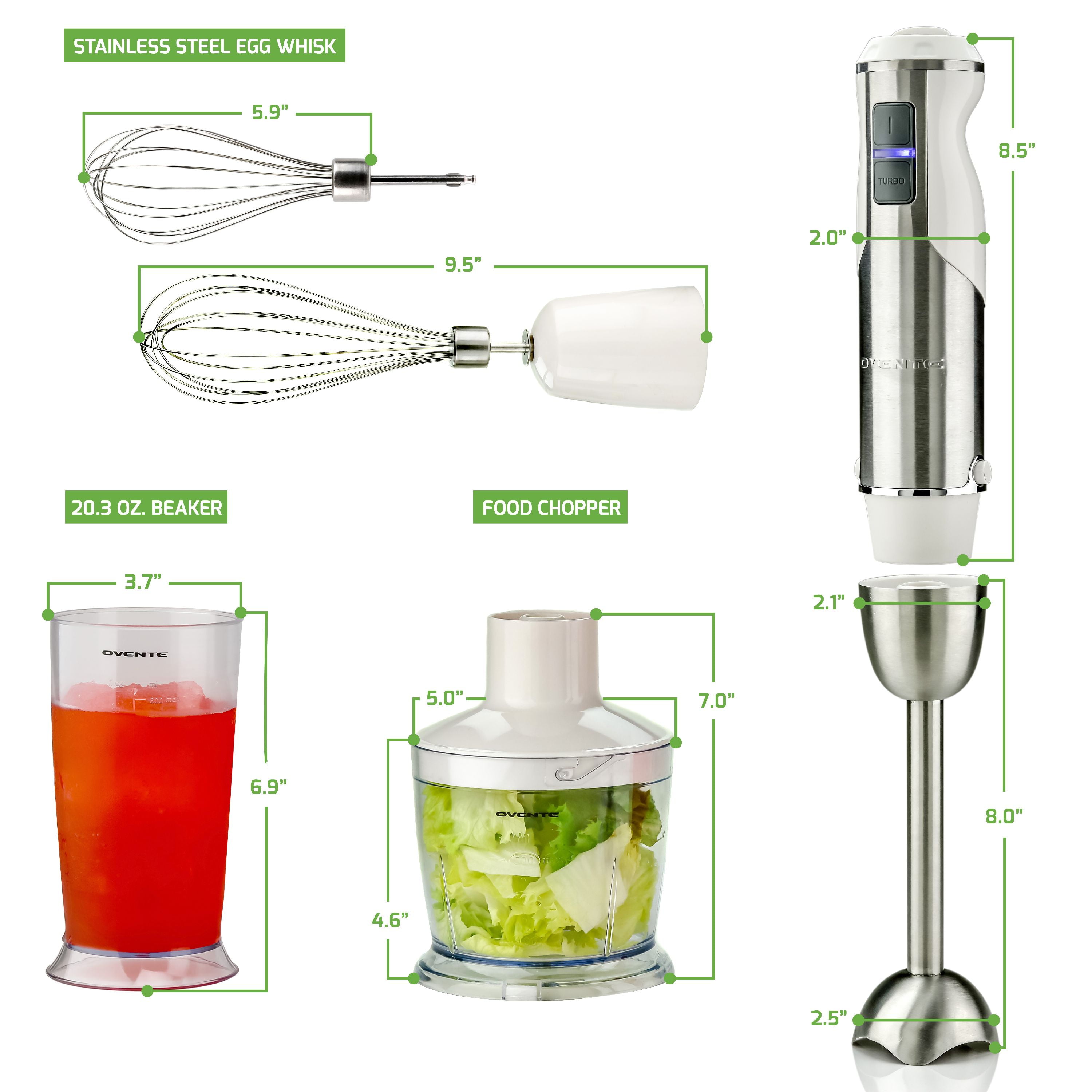 Ovente Multi-Purpose Immersion Hand Blender Set 500-Watts, 6-Speed Variable  Control Stainless Steel Includes Food Chopper, Egg Whisk, and BPA-Free  Beaker (600ml) White (HS665W)