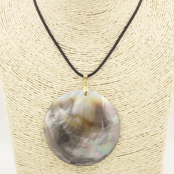 K-KED Round Disk Natural Shell Mother of Pearl Black Cord Pendant Necklace 18" 60mm