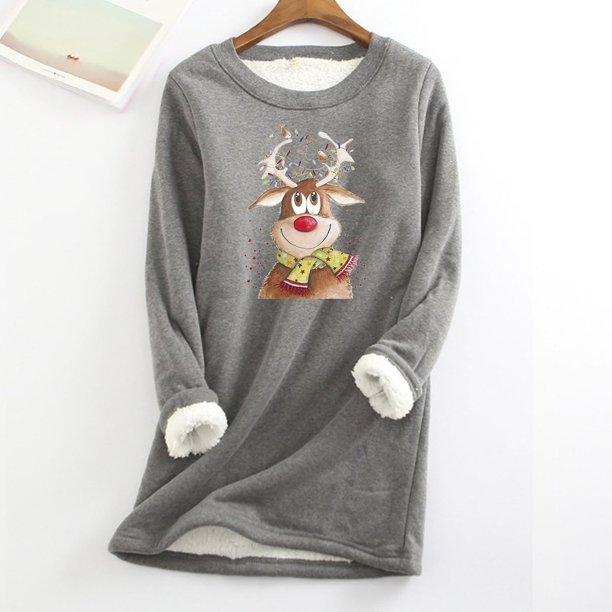 Pntutb Mujeres Sudadera de lana gruesa Estampado de Navidad Terciopelo Cálido O-cuello Ropa interior top Pntutb Pntutb-4554