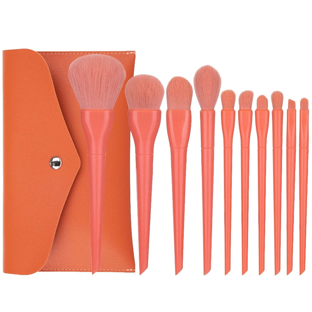 10 Pieces Beauty Make Up Brushes with Long Handle Make Up Brushes Portable Powder Cosmetics Set Supply for Professional Outdoor Travel Orange