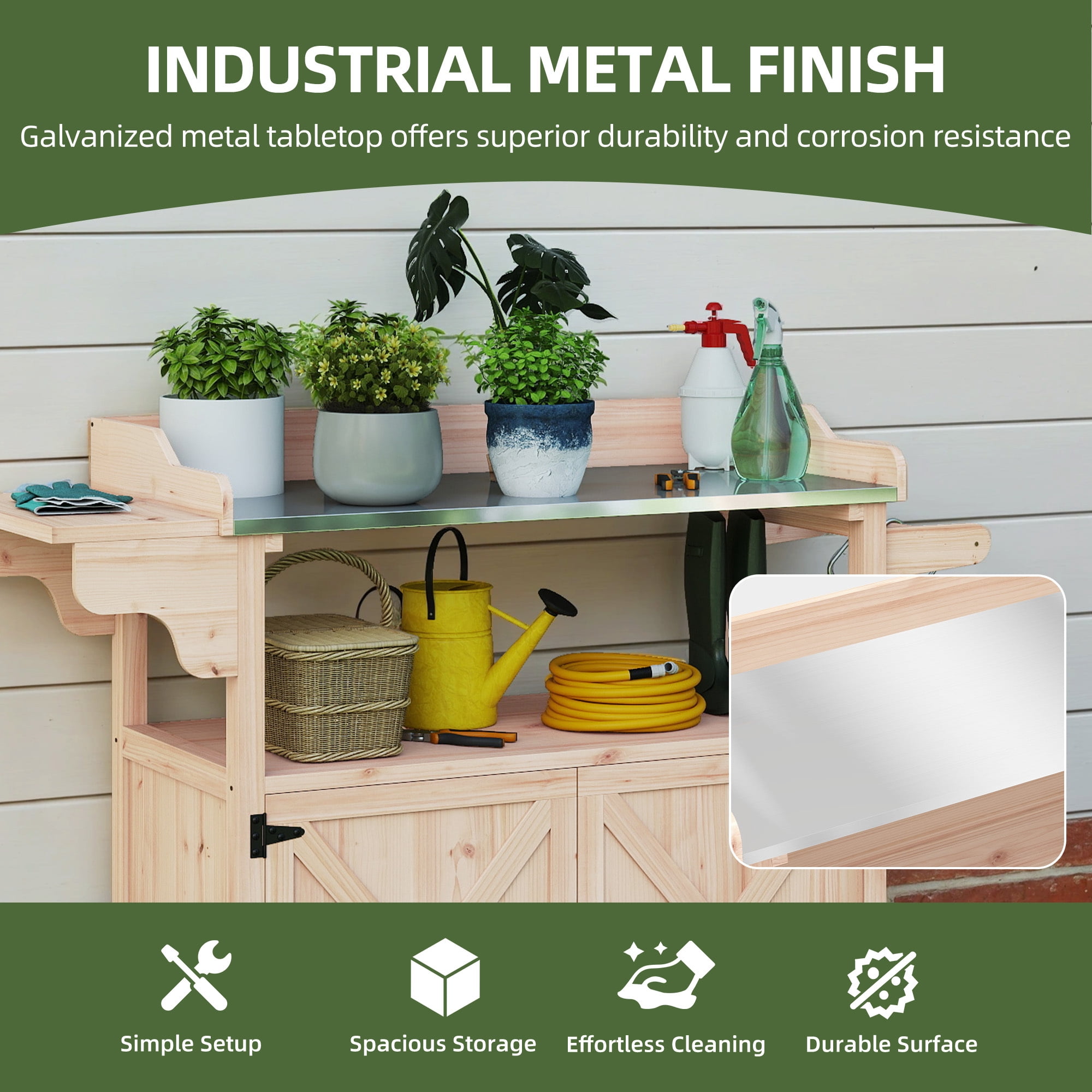 Uforic Outdoor Potting Bench Table, Planting Work Bench with Galvanized Metal Tabletop, Foldable Side Panel, 4 Casters, Adjustable Shelf, Garden Workstation for Patio/Backyard, Light Wood