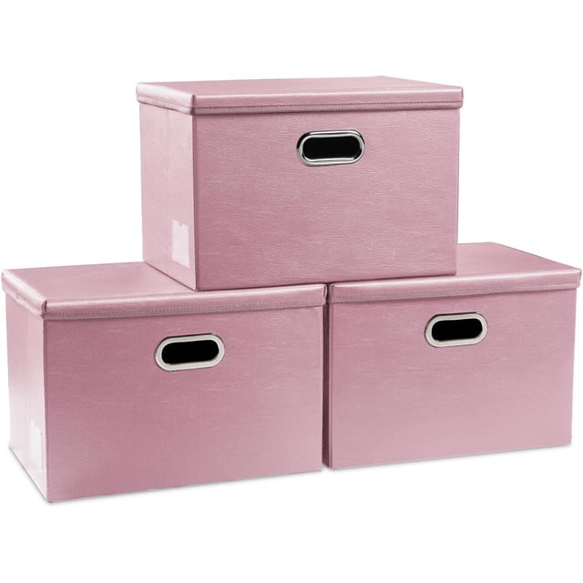 Caja de almacenamiento plegable con tapa, paquete de 3 unidades, contenedor organizador plegable de tela tipo cuero, cesta cubo con tapa para el hogar, recámara, clóset, oficina, guardería