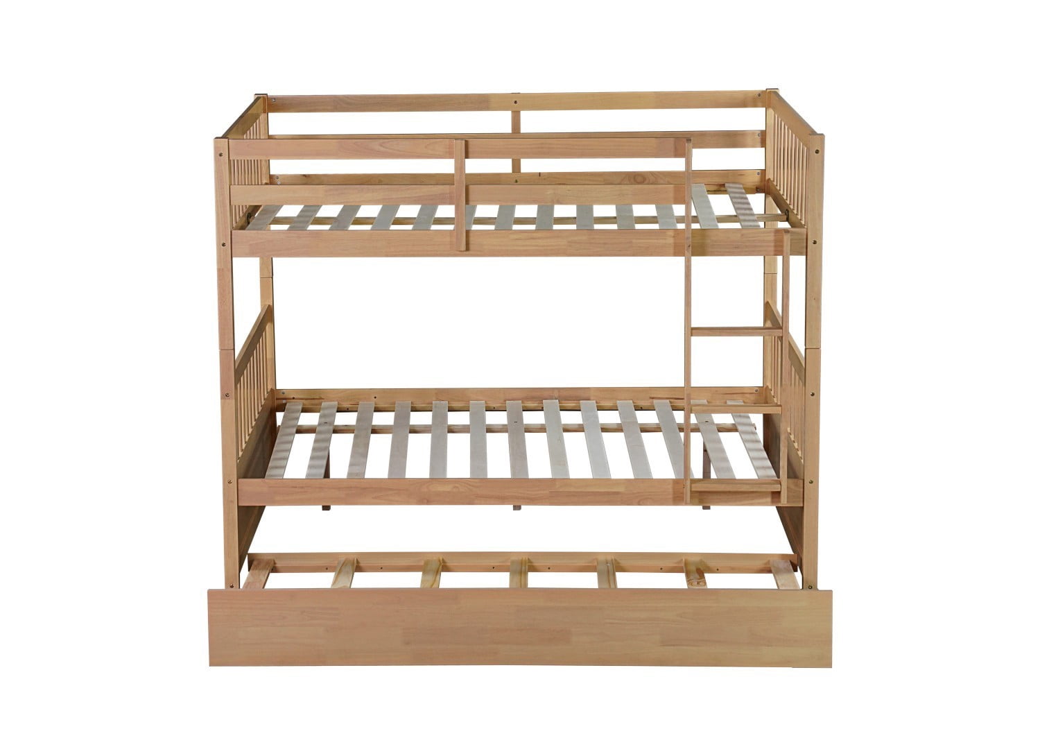 Full Over Full Bunk Bed with Twin Trundle, Convertible Wooden Bunk Bed with Guardrails & Ladder, Detachable into 2 Full Size Beds, Natural