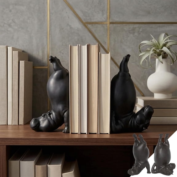 Hippo Bookends, Heavy Resin Animal Book Holders, Creative Yoga Hippo Statue — Resin Handstand Animal Figurine for Bookshelves