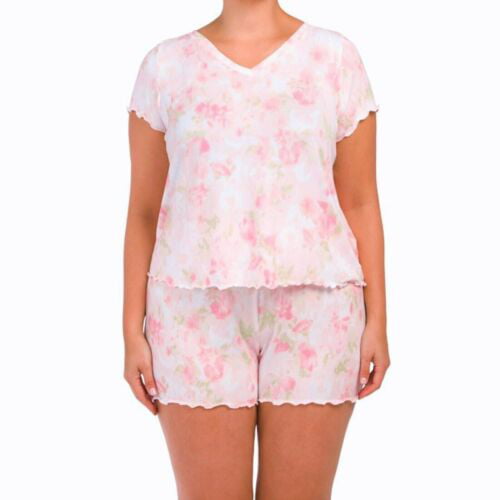 Laura Ashley Women's Ultra Soft 2-pc PJ V-neck Floral Print Lettuce Edge  Shorty Lounge Pajama Set