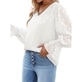 thumbnail image 4 of Xuanfei Women Solid Color V Neck Jacquard Flare Sleeve Layered Chiffon Top, 4 of 6