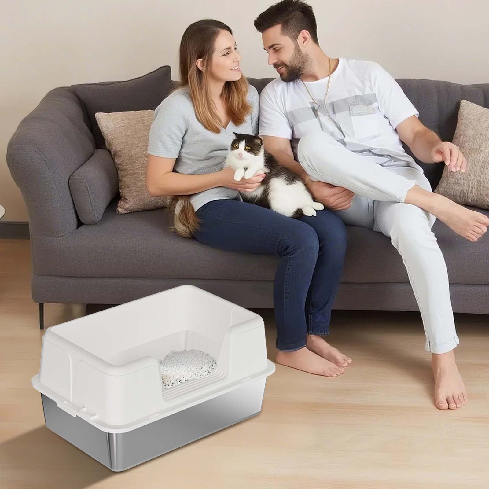 Stainless Steel Cat Litter Box with Lid – Leak-Proof & Scratch-Resistant Litter Box for Large Cats, Includes Anti-Slip Mat & Scoop, Easy to Clean
