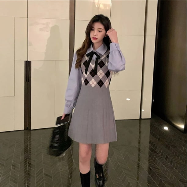 Vestido de punto A cuadros para mujer, ropa de ganchillo, minivestido plisado extremo, Harajuku, corte A, Otoño e Invierno