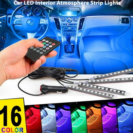 Car LED Strip Light 4pcs 12 LED RGB Color Underdash Lighting Kits DC 12V LED Interior Lights with Wireless Remote