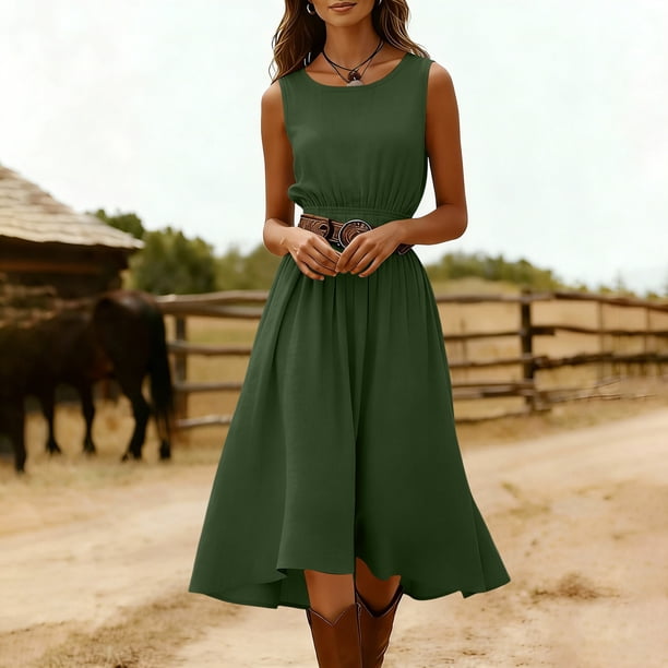 Army Lime Green Women Boat V Neck Faux Linen Lounge Dress for Women Sleeveless Long Basic Mini Petite Summer Fall Dress 2026 Clothes Fashion Country Concert Y2K M
