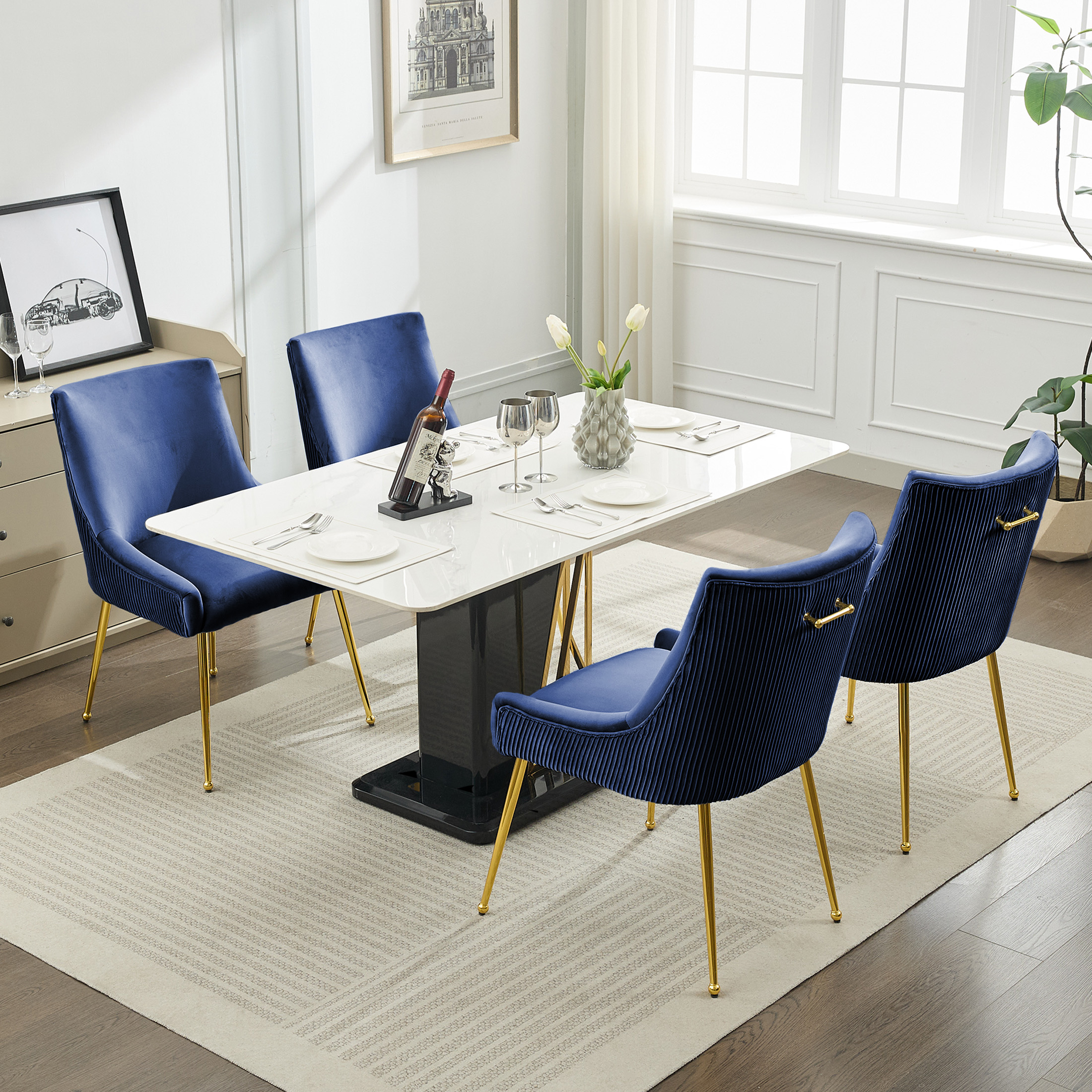 Velvet Dining Chairs Set of 2 with Gold Legs, Upholstered Accent Chairs, Pleated Back & Gold Pull Handle, Mid-Century Modern for Dining Room, Kitchen, Living Room, Blue