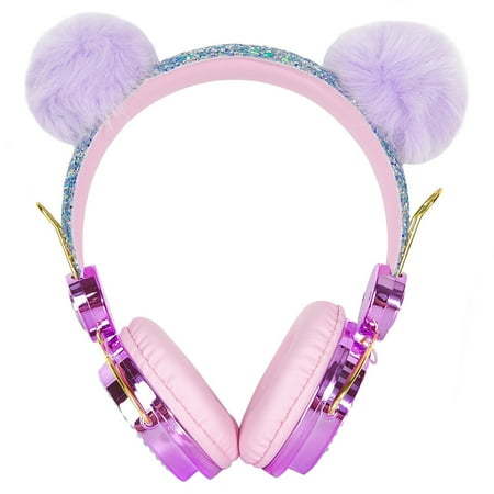 

NUOLUX Children Headset Rhinestone Glitter Furry Ball Kids Headphones with Mic