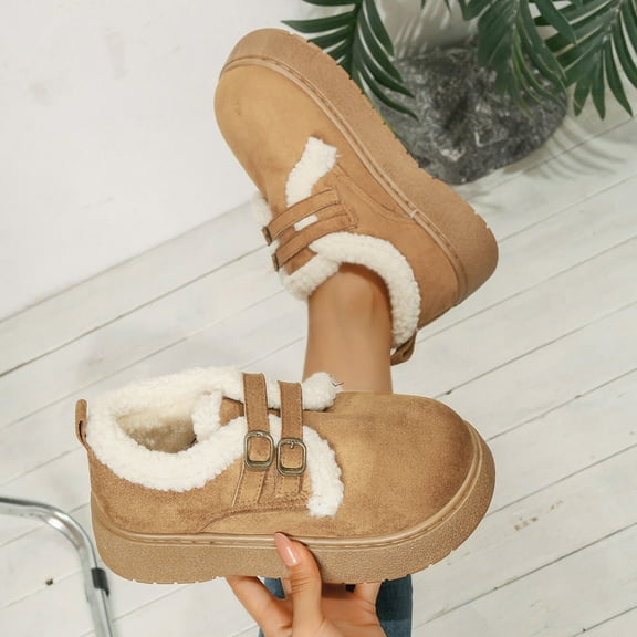 BLTIBY Ankle Boot for Women Fleece Lined Flat Buckle Snow Boots Round Toe Thick Sole Shoes Winter Thermal Hiking Booties Brown 42