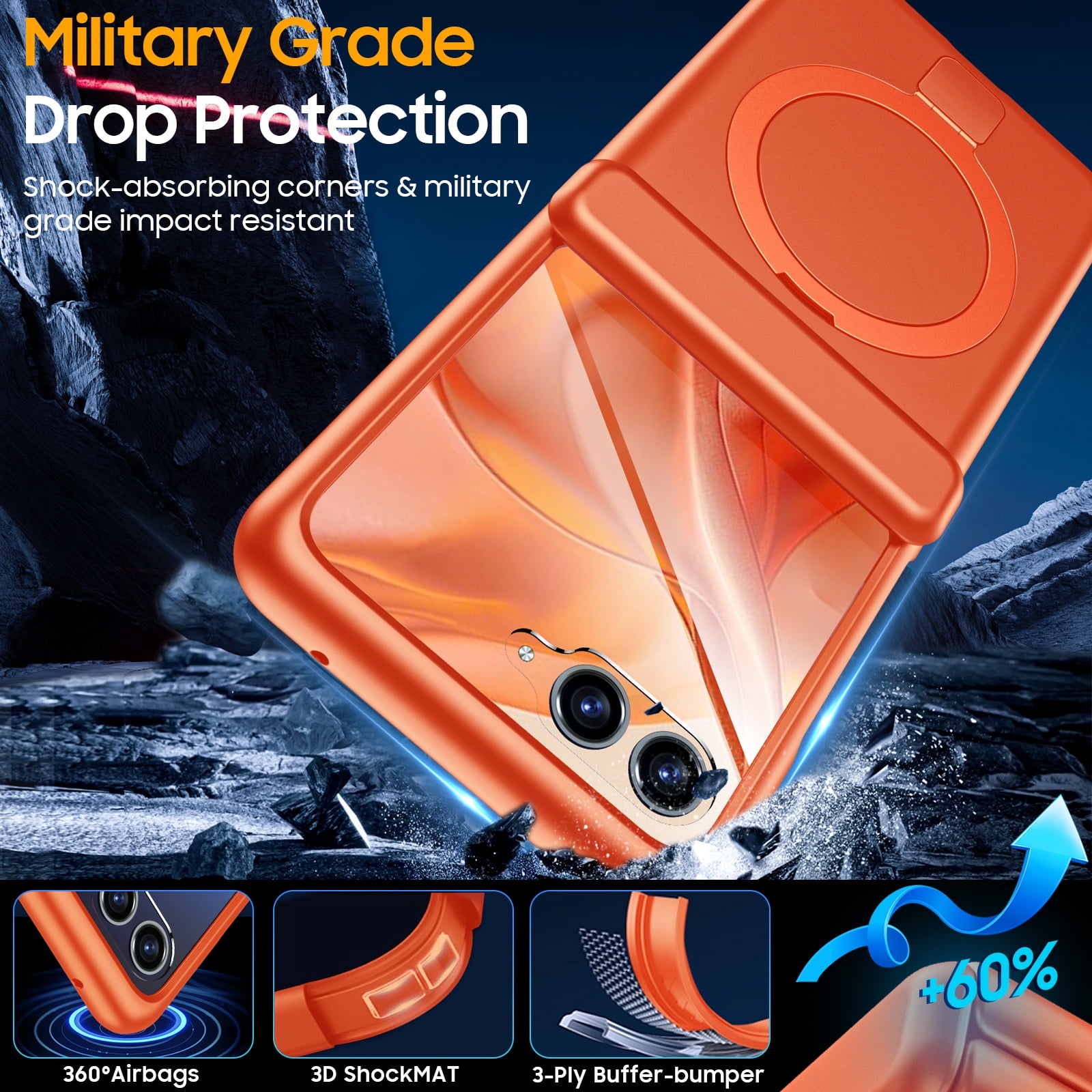 Oupeigar For Motorola Razr 2026/2025/2024 Phone Case,Built-in Screen Protector,Magnetic Ring Stand,Ultra-Thin Full-Body Shockproof Rugged Case-Orange