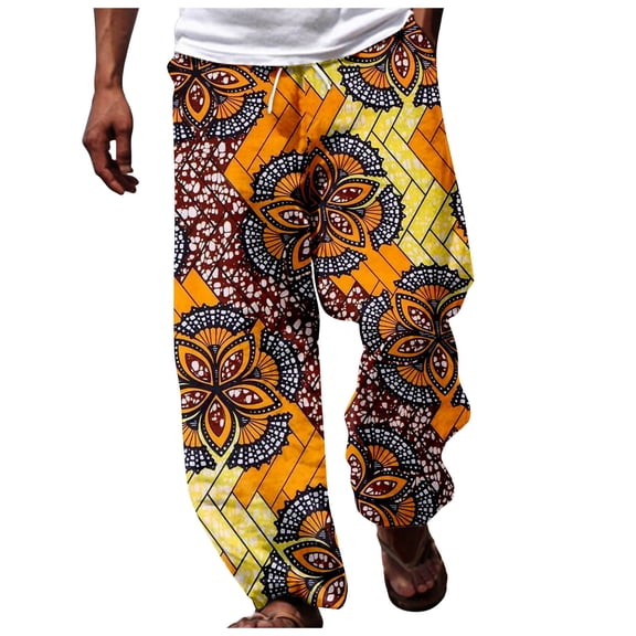 Men African Dashiki Traditional Style Casual Trouser Summer Holiday Ankara Beach Floral Pants Yellow XXL